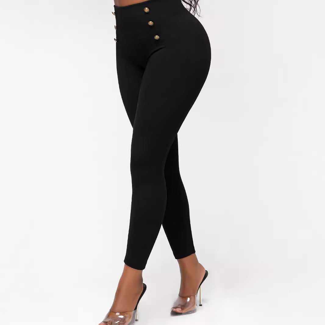 Pantalones ajustados de cintura alta con botones y color liso
