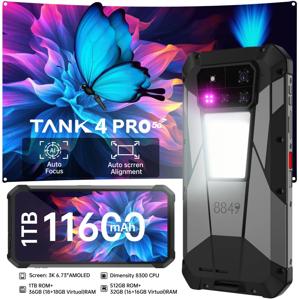 8849 Tank 4 Pro Unihertz – 5G avec Projecteur DLP, Écran AMOLED 3K 120Hz, 36Go RAM, 1To, Batterie 11600mAh, Android 14, NFC
