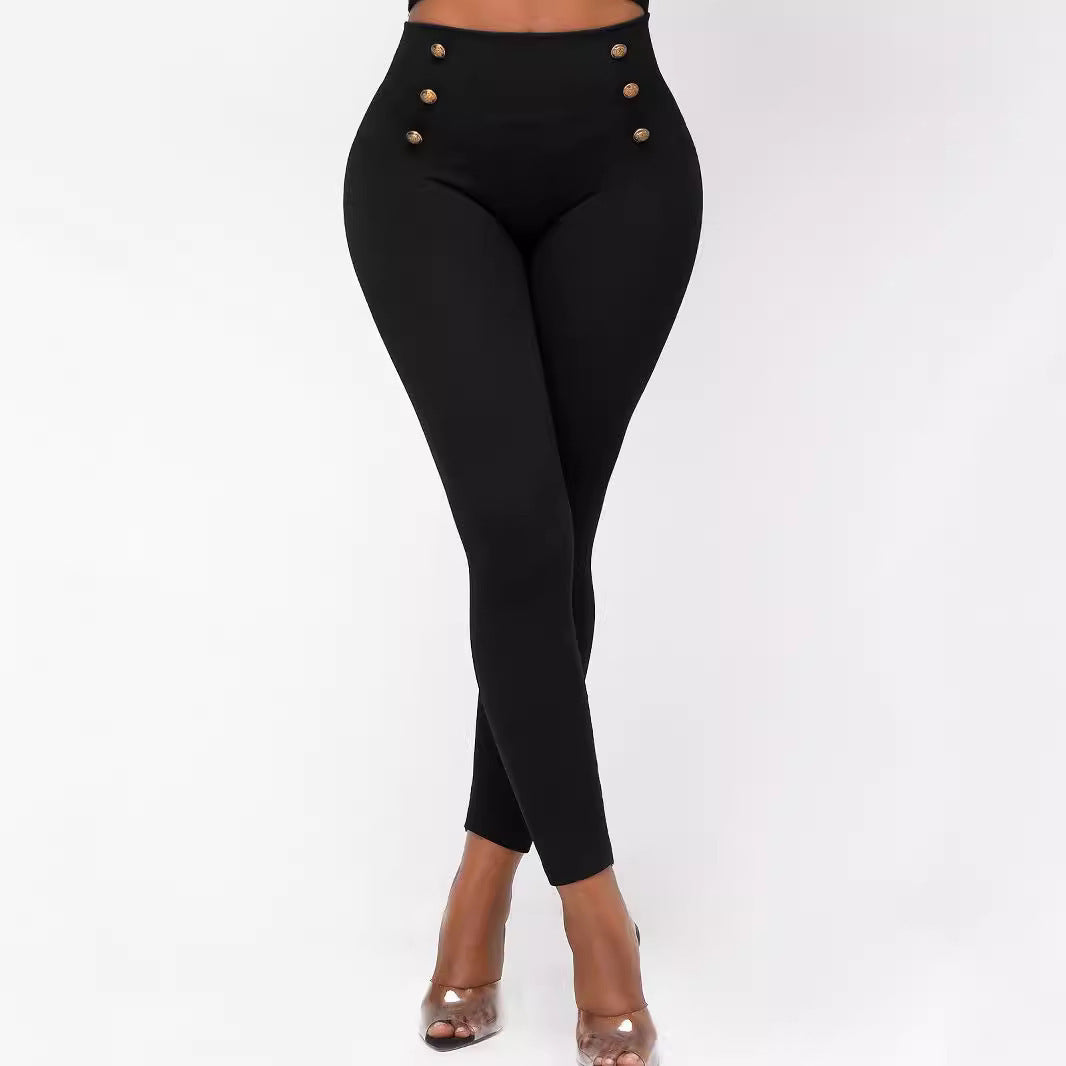 Pantalones ajustados de cintura alta con botones y color liso