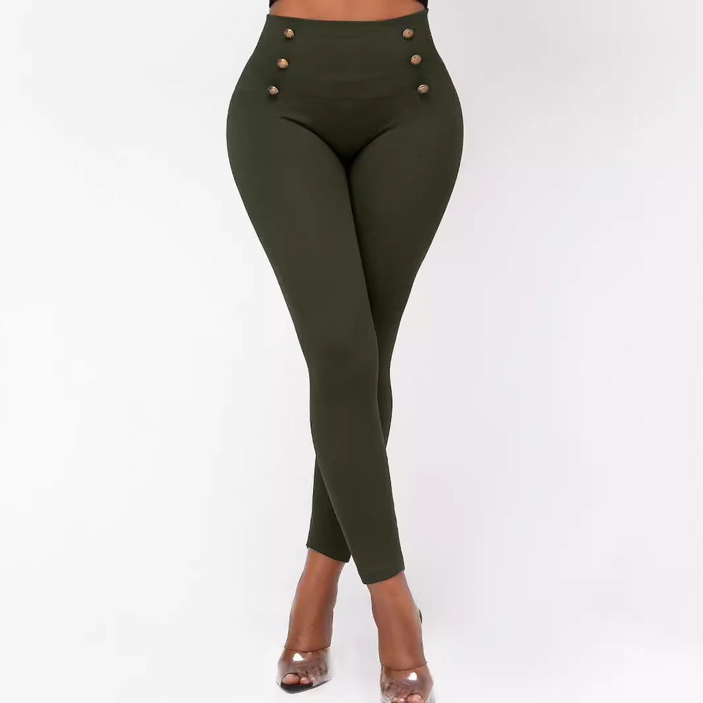 Pantalones ajustados de cintura alta con botones y color liso